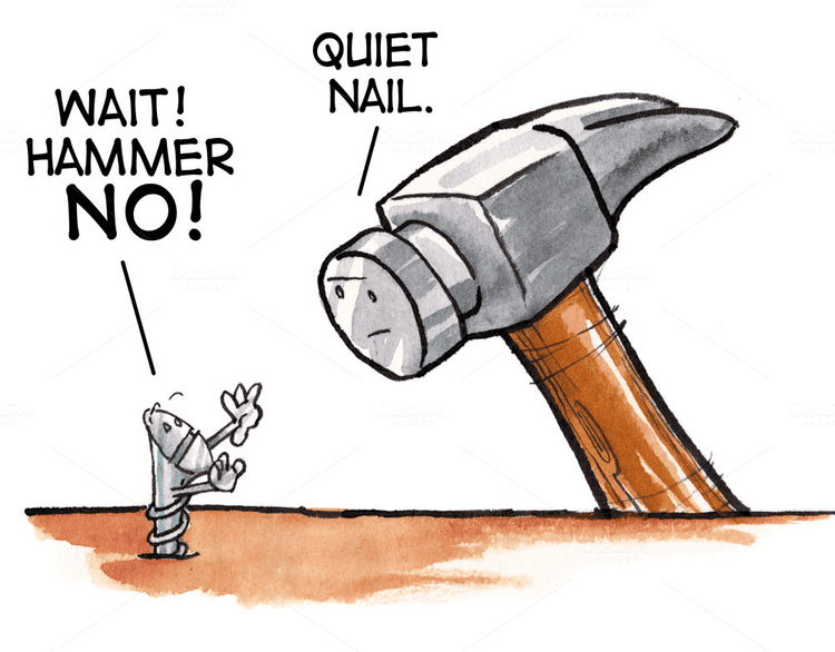 Cartoon of a hammer contemplating to nail a screw