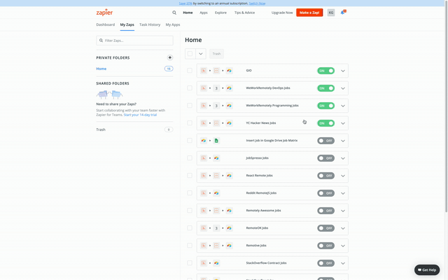 A screencaptured demonstration of a Zapier automation for the consumption of an RSS feed of StackOverflow job listings