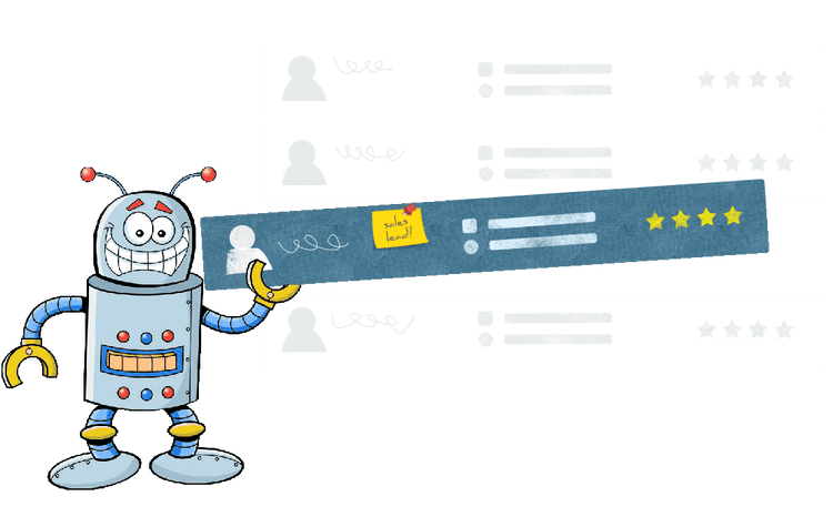 A robot holding a sales lead extracted from a website feed; a sales lead extraction robot