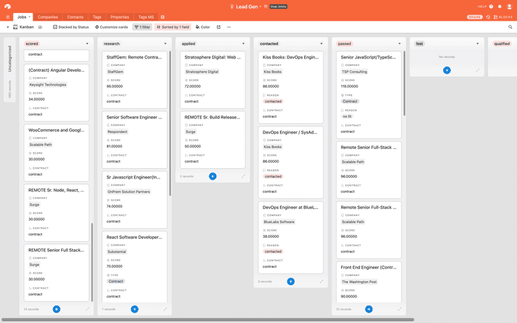 A screenshot of an advanced Kanban board in Airtable containing jobs as example sales leads