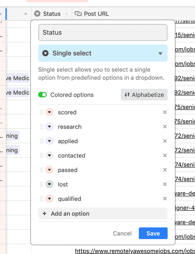 A screenshot of the Airtable field options representing the leads pipeline stages