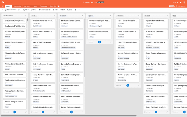 A screenshot of a simple Kanban board in Airtable containing jobs as example sales leads